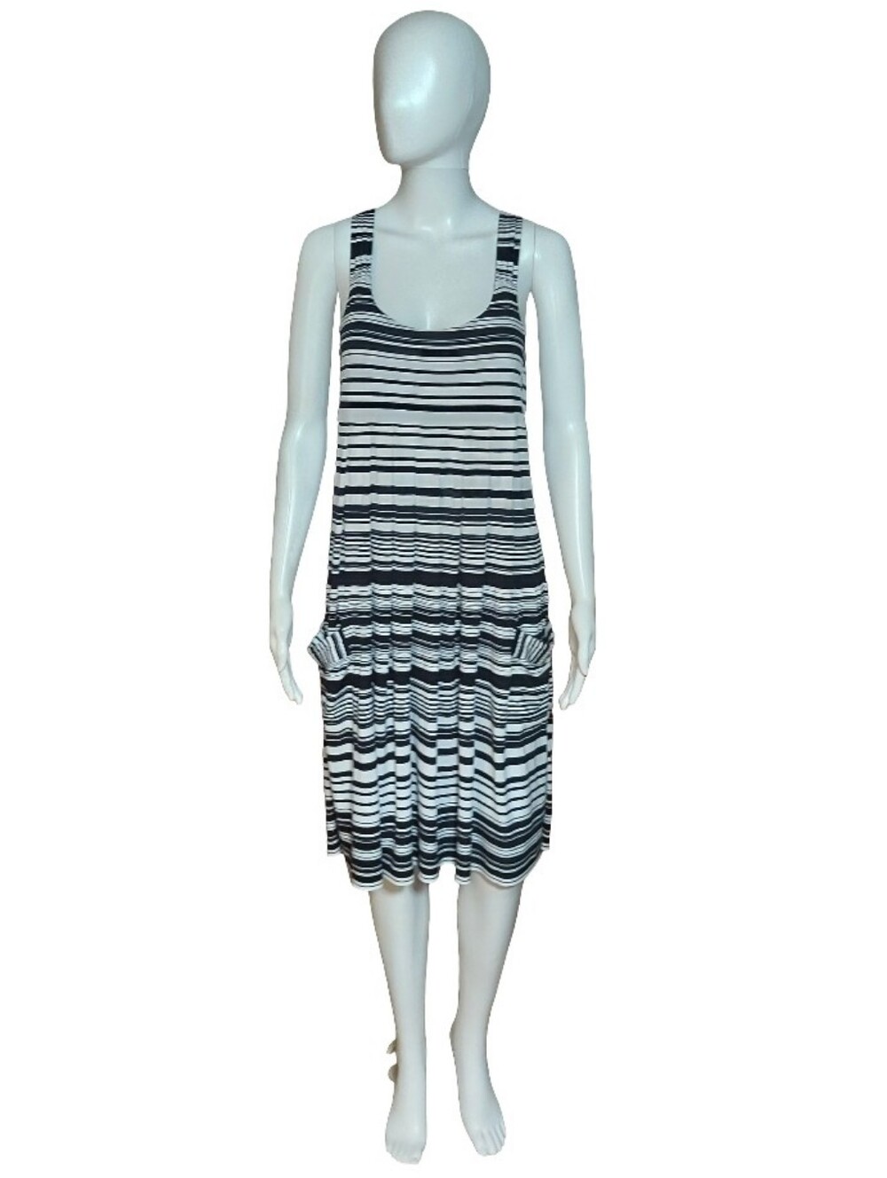 Calvin Klein Striped Pleated Basket Weave Strap Summer Dress With Pockets